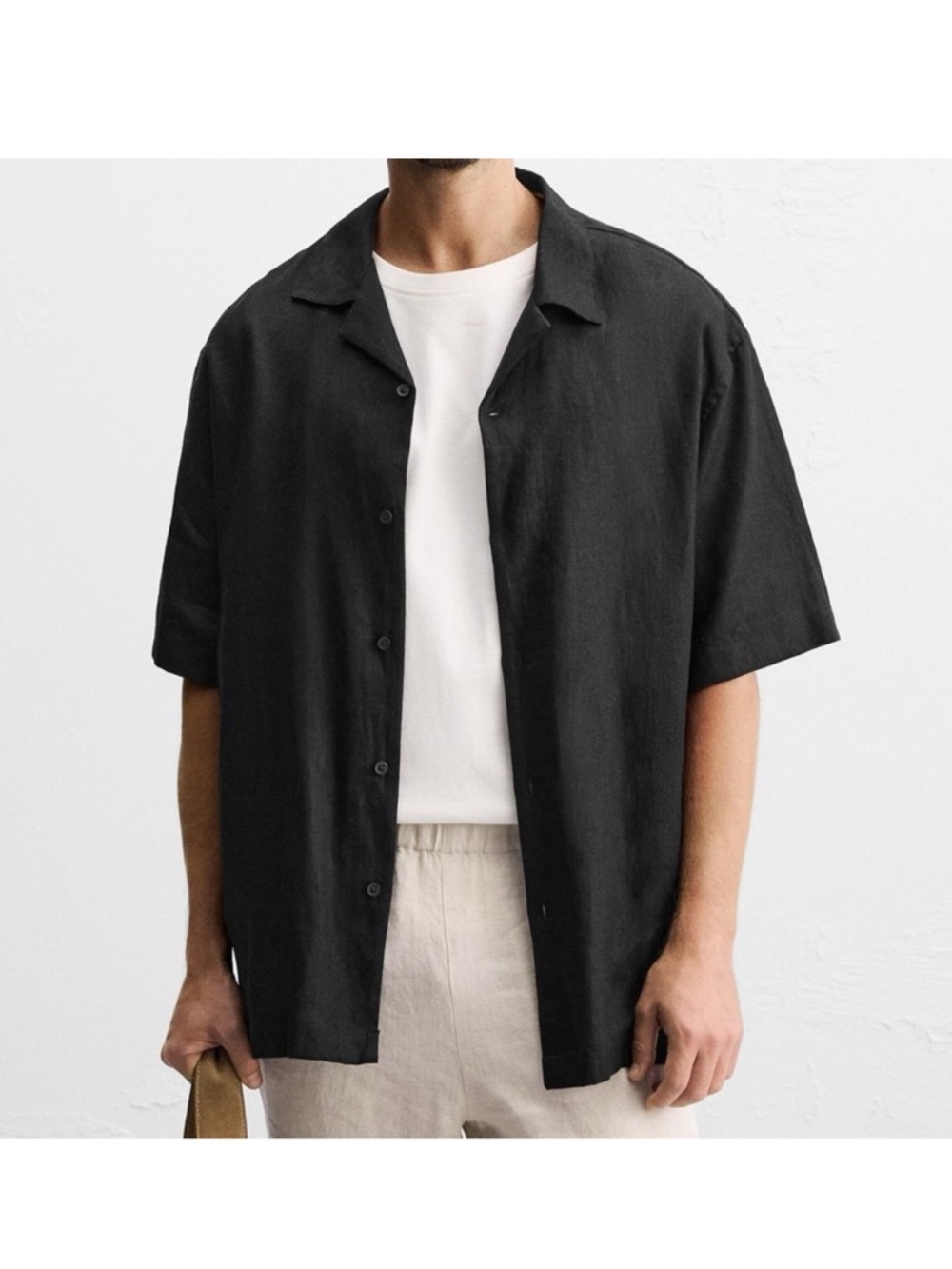 Zara Mens Black Linen Short Sleeve Button Up medium